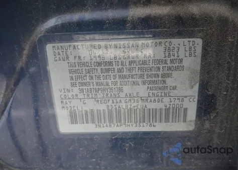 2017 Nissan Sentra S z USA, uszkodzony, nr VIN 3N1AB7AP9HY351786